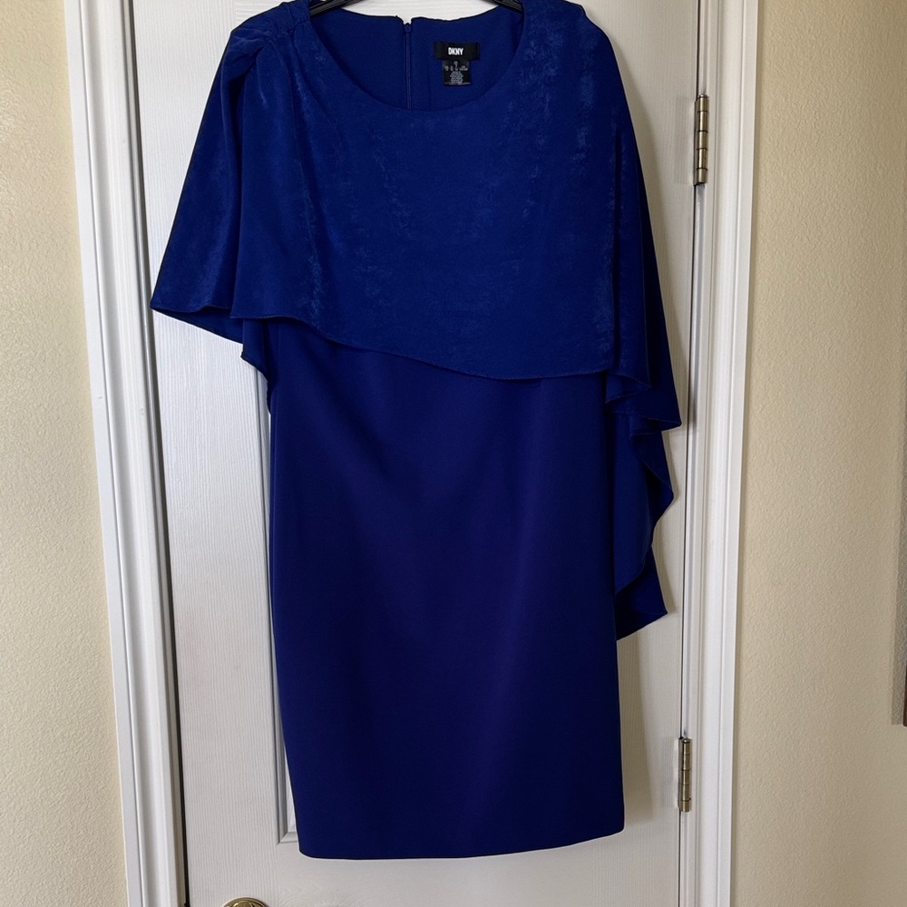 DKNY Cobalt Blue Cape-Overlay Midi Dress